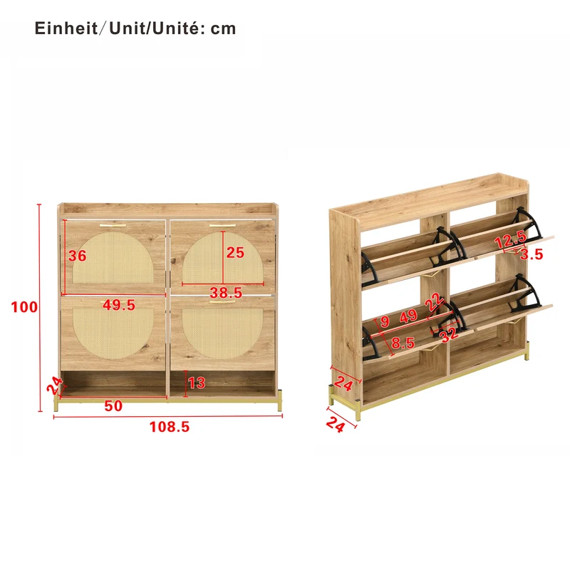 Meuble à chaussures en bois avec portes en rotin – 108,5x24x100 cm, 4 portes style naturel SHARKFIN