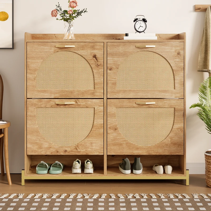 Meuble à chaussures en bois avec portes en rotin – 108,5x24x100 cm, 4 portes style naturel SHARKFIN