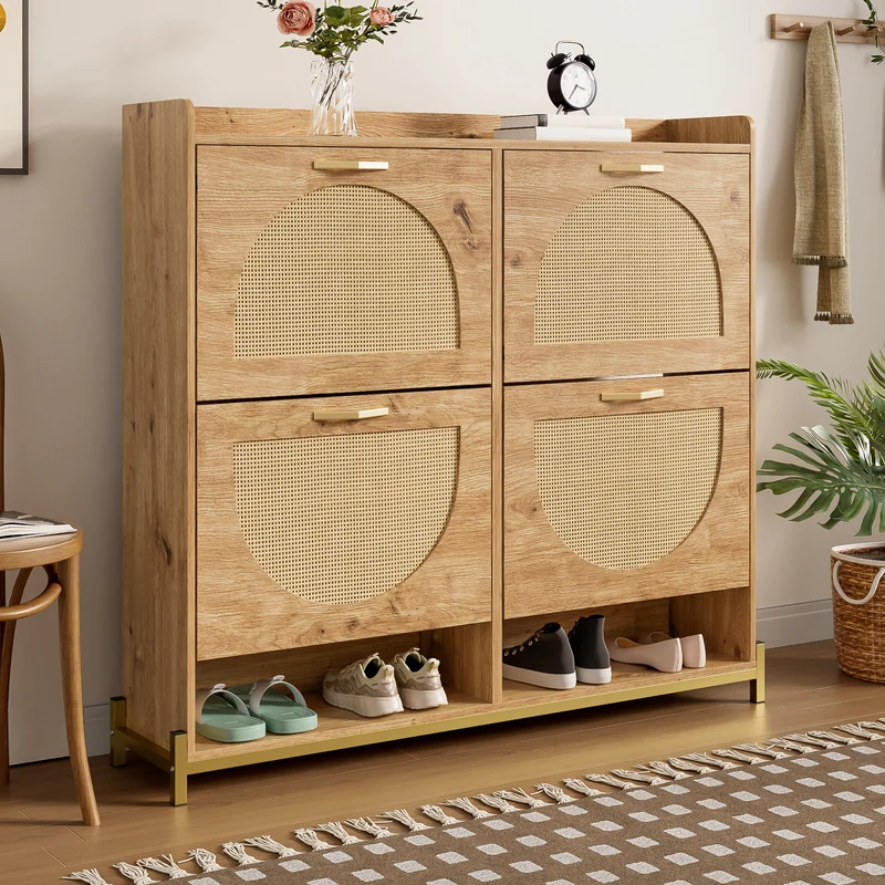 Meuble à chaussures en bois avec portes en rotin – 108,5x24x100 cm, 4 portes style naturel SHARKFIN