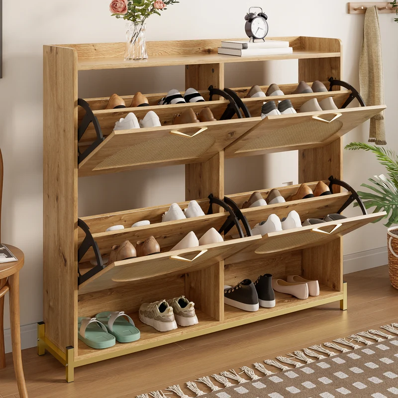 Meuble à chaussures en bois avec portes en rotin – 108,5x24x100 cm, 4 portes style naturel SHARKFIN