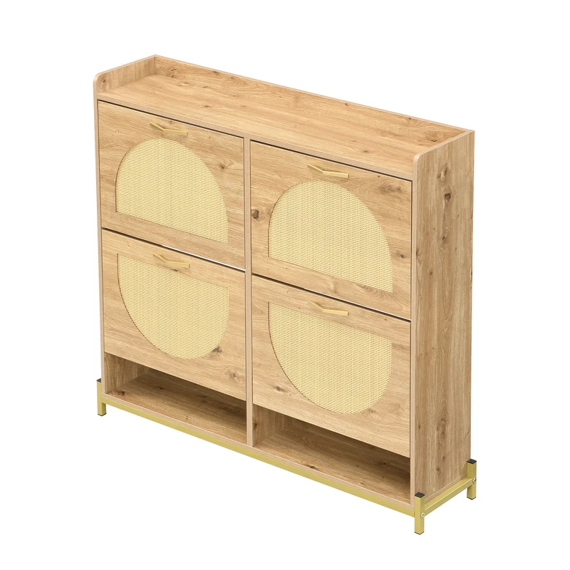 Meuble à chaussures en bois avec portes en rotin – 108,5x24x100 cm, 4 portes style naturel SHARKFIN