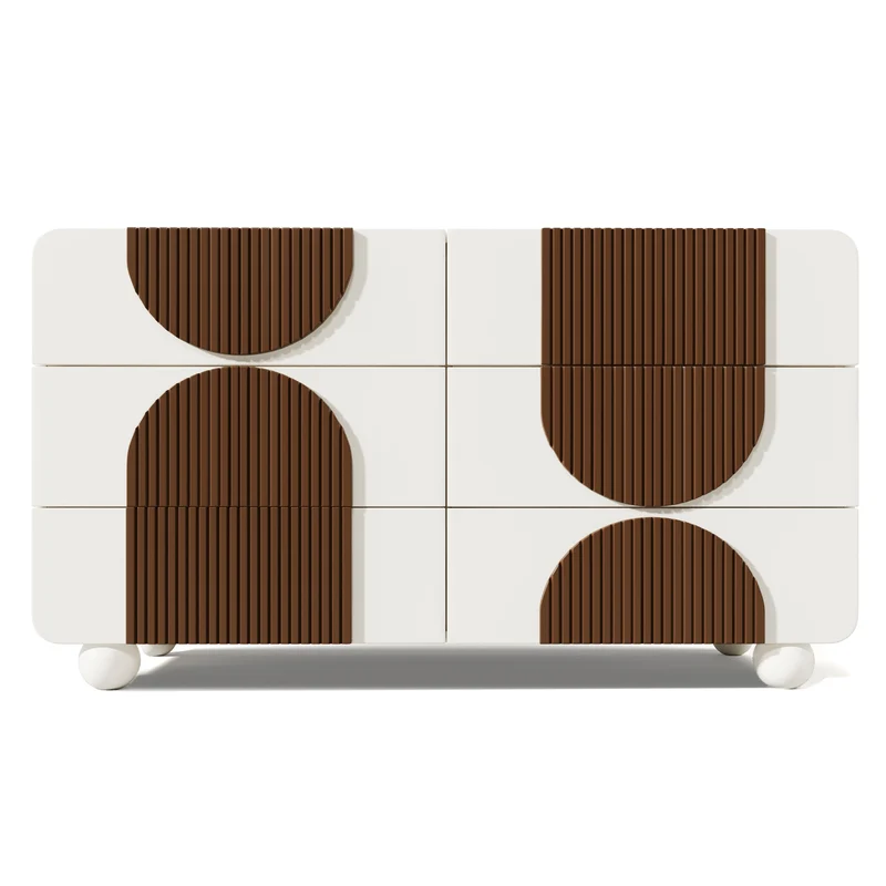 Buffet moderne bicolore blanc à 6 tiroirs avec design d'arches en bois couleur chocolat PINNULE