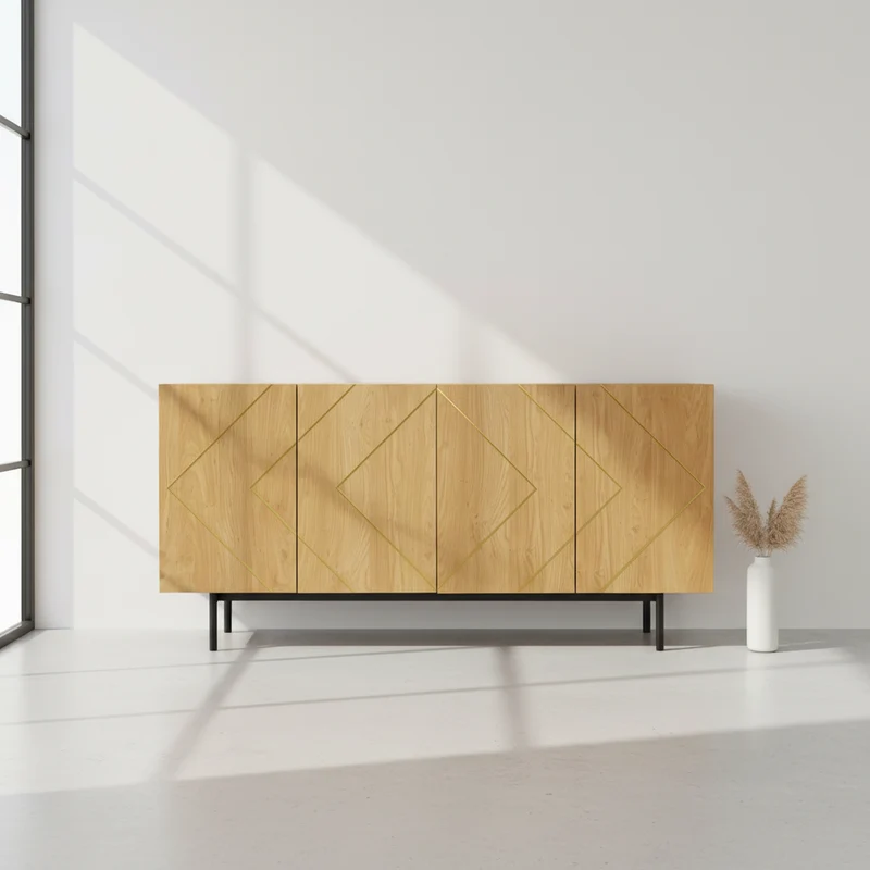 Buffet effet bois motif géométrique linges dorés 4 portes pieds noirs surélevés COLS