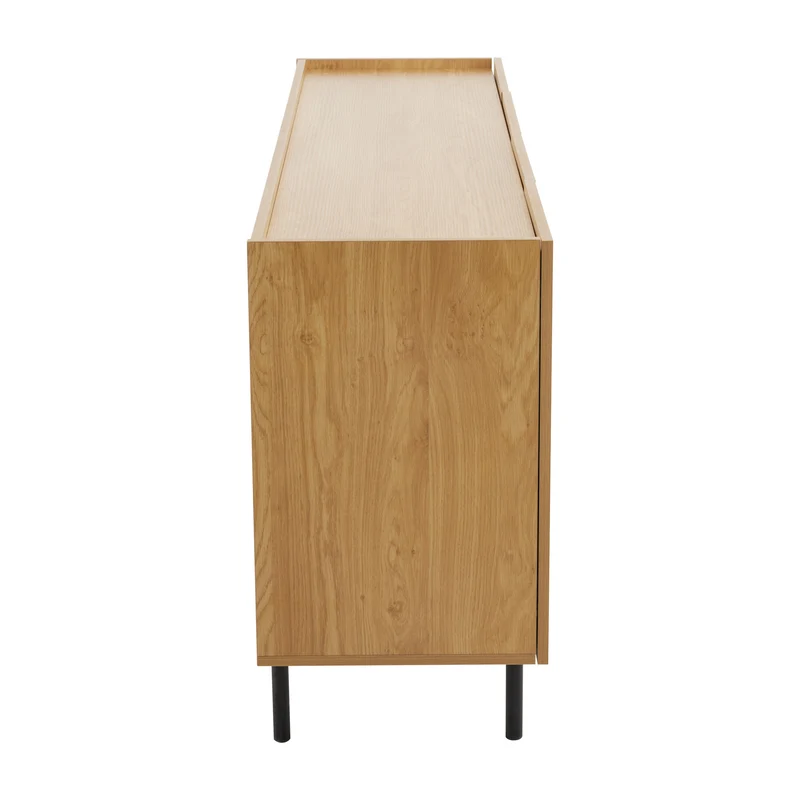 Buffet effet bois motif géométrique linges dorés 4 portes pieds noirs surélevés COLS
