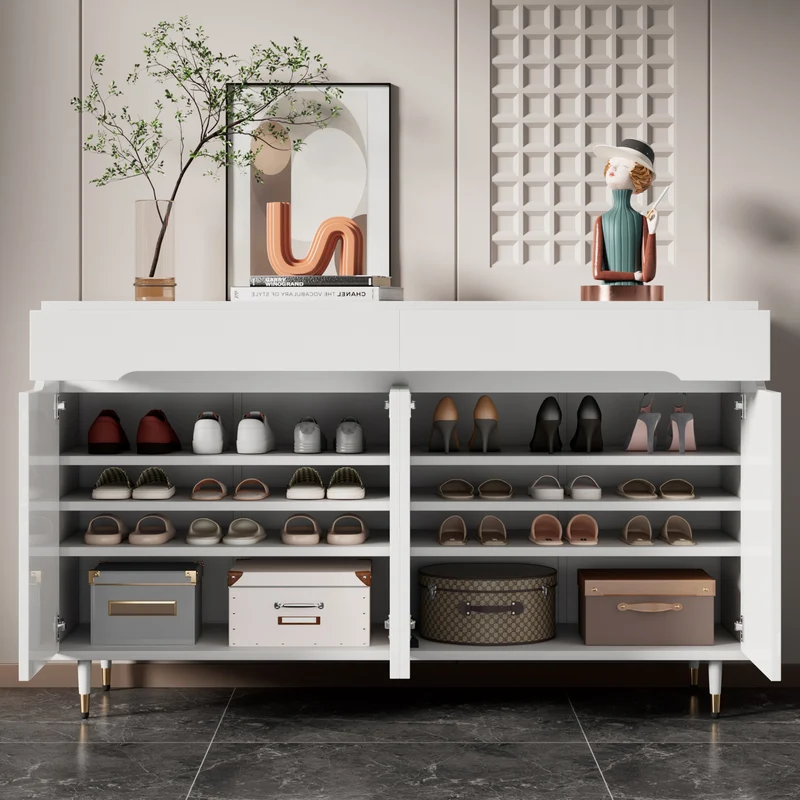 Meuble à chaussures blanc buffet d'entrée avec pieds dorés 4 portes et 2 tiroirs INTINE