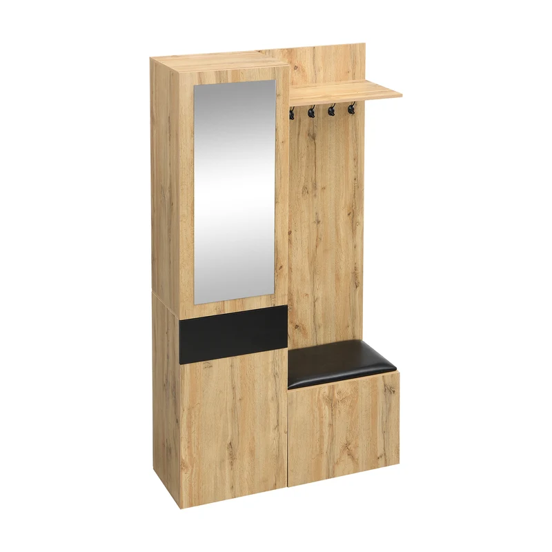 Vestiaire à l'entrée effet bois 3 portes 1 tiroir avec miroir, banc et meuble à chaussures, porte-manteau mural PEAKGLEN