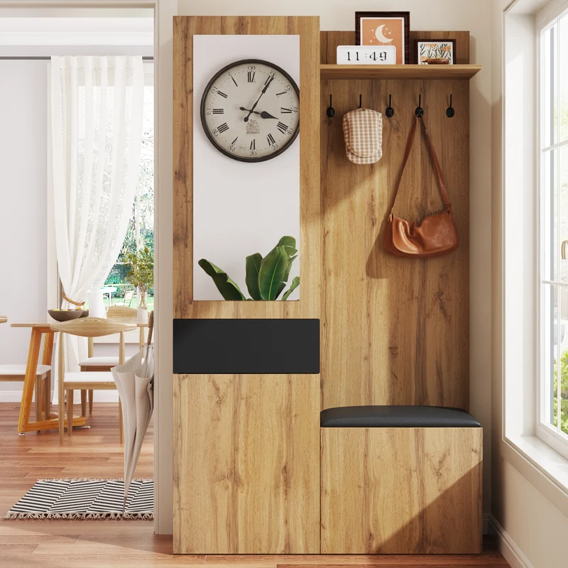 Vestiaire à l'entrée effet bois 3 portes 1 tiroir avec miroir, banc et meuble à chaussures, porte-manteau mural PEAKGLEN