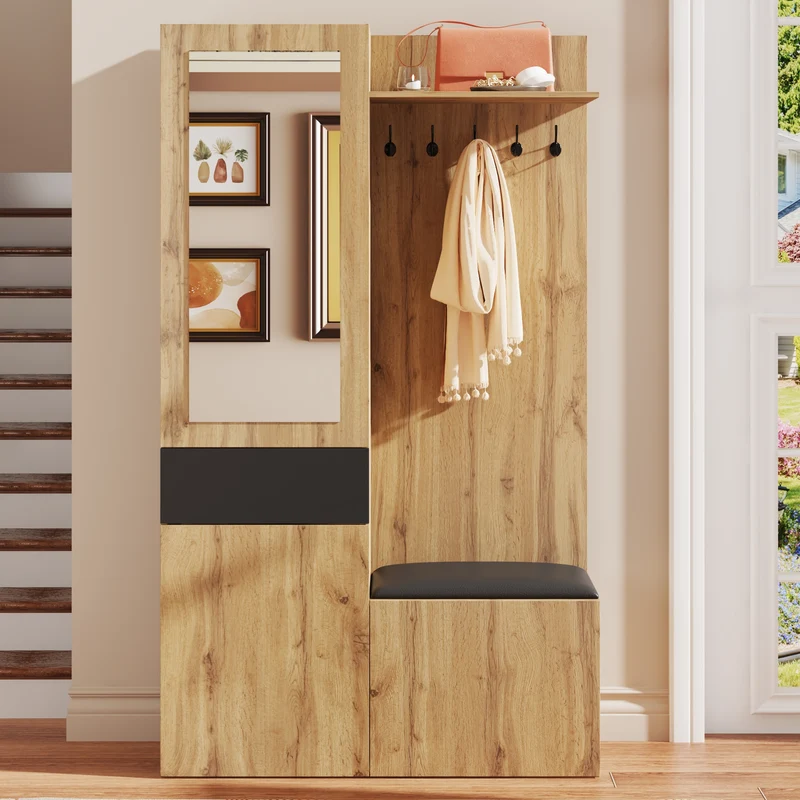 Vestiaire à l'entrée effet bois 3 portes 1 tiroir avec miroir, banc et meuble à chaussures, porte-manteau mural PEAKGLEN