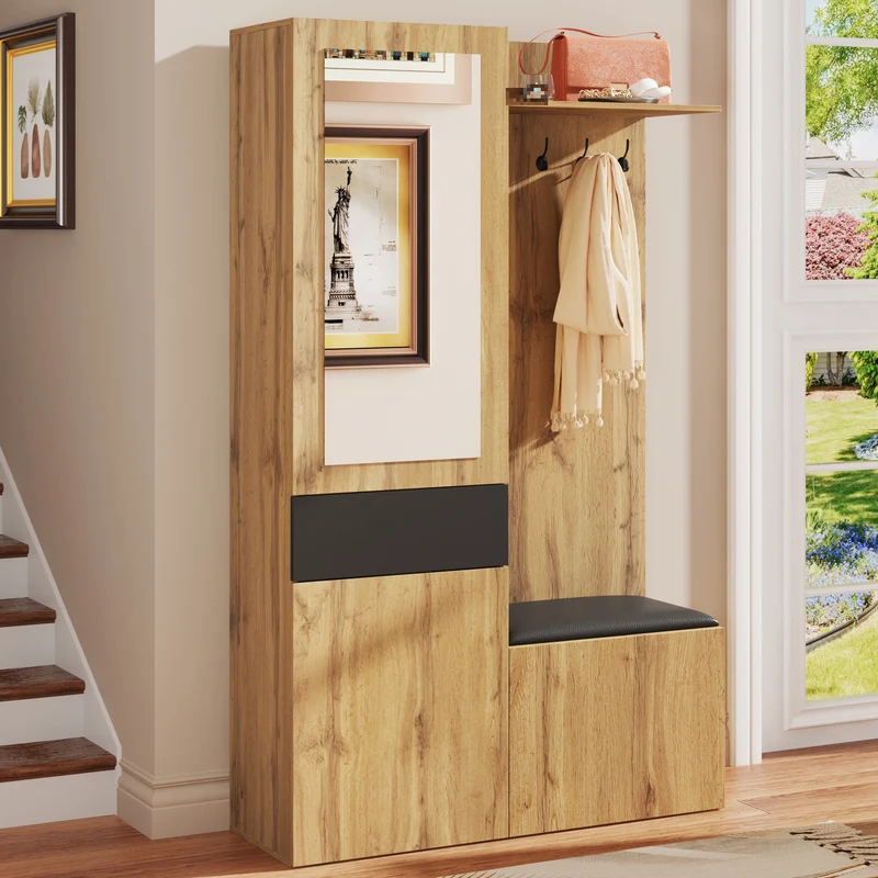 Vestiaire à l'entrée effet bois 3 portes 1 tiroir avec miroir, banc et meuble à chaussures, porte-manteau mural PEAKGLEN