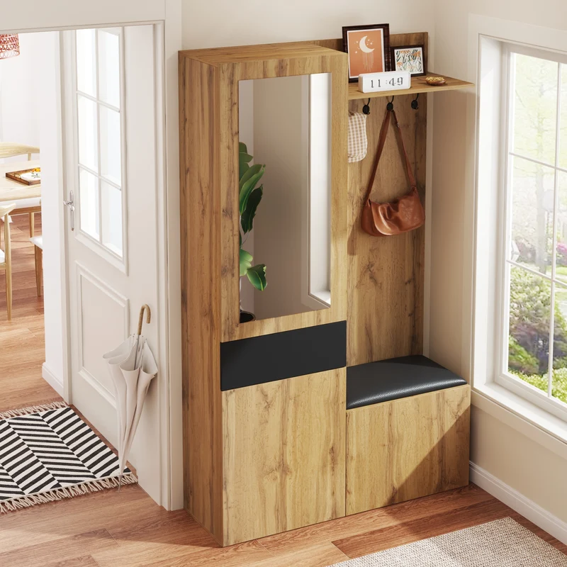 Vestiaire à l'entrée effet bois 3 portes 1 tiroir avec miroir, banc et meuble à chaussures, porte-manteau mural PEAKGLEN