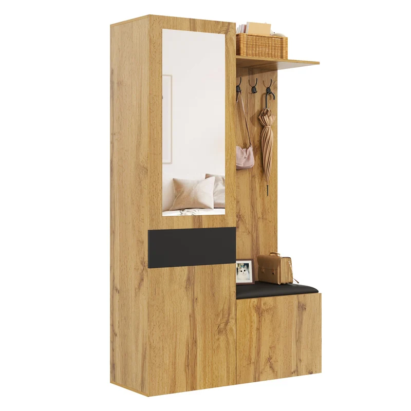 Vestiaire à l'entrée effet bois 3 portes 1 tiroir avec miroir, banc et meuble à chaussures, porte-manteau mural PEAKGLEN