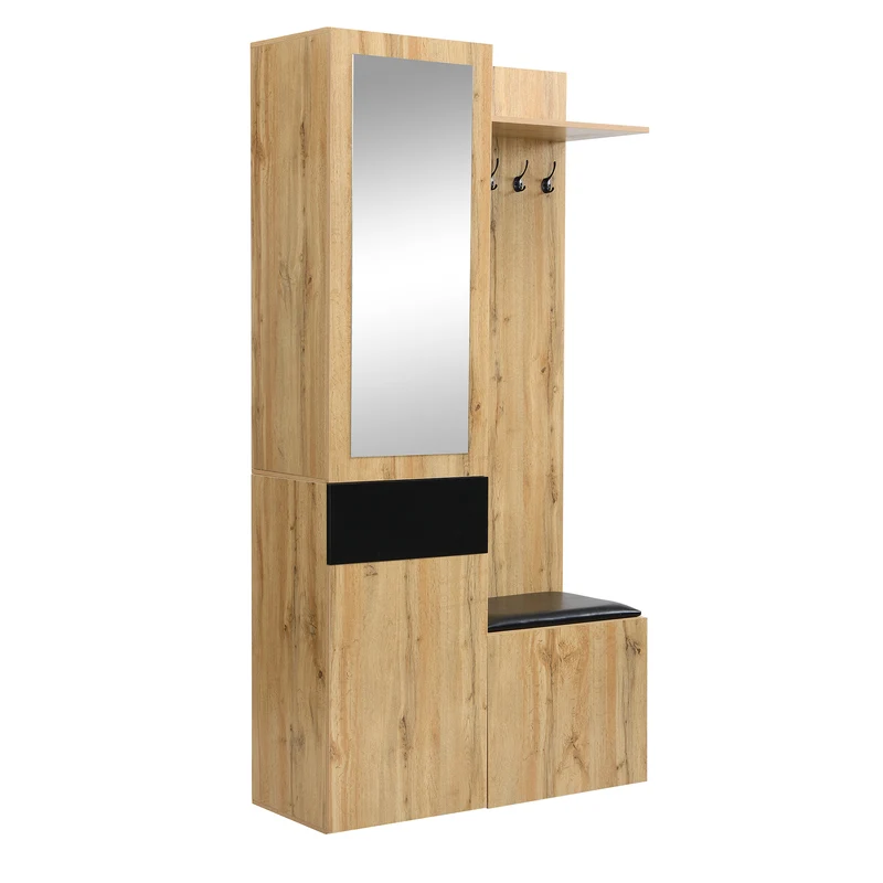 Vestiaire à l'entrée effet bois 3 portes 1 tiroir avec miroir, banc et meuble à chaussures, porte-manteau mural PEAKGLEN
