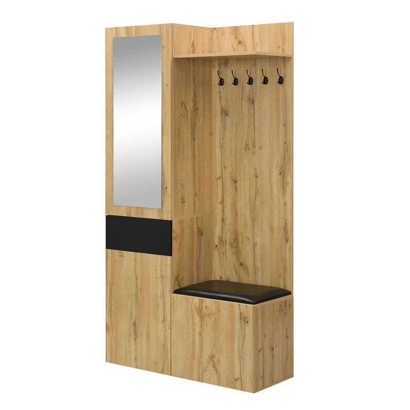 Vestiaire à l'entrée effet bois 3 portes 1 tiroir avec miroir, banc et meuble à chaussures, porte-manteau mural PEAKGLEN