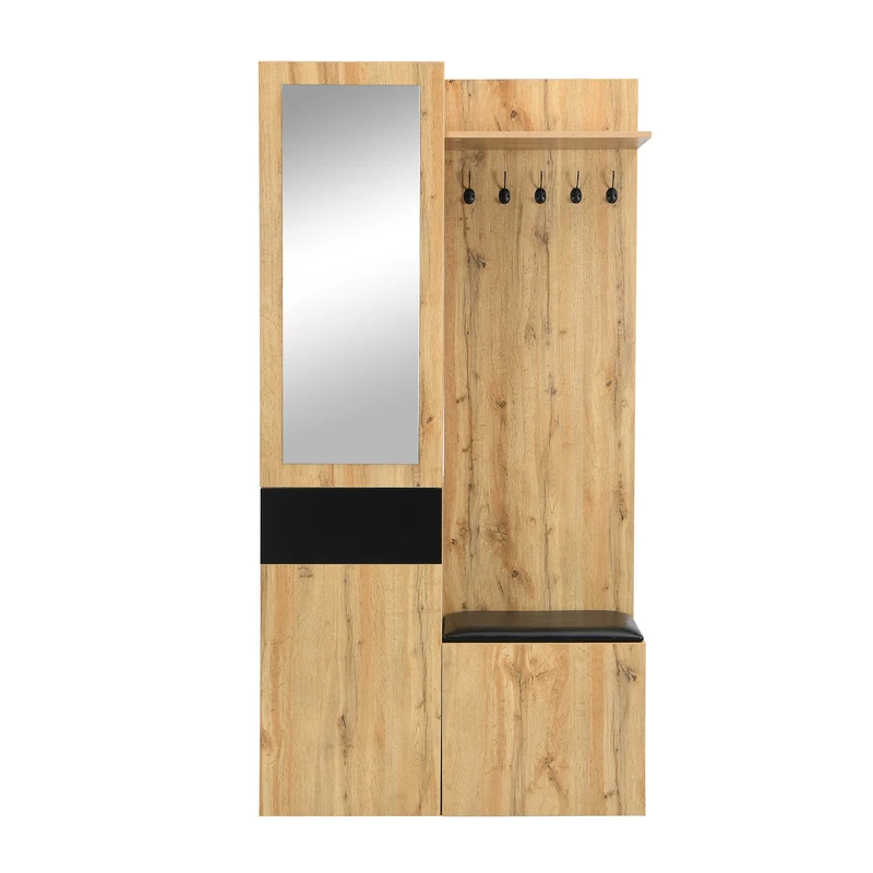 Vestiaire à l'entrée effet bois 3 portes 1 tiroir avec miroir, banc et meuble à chaussures, porte-manteau mural PEAKGLEN