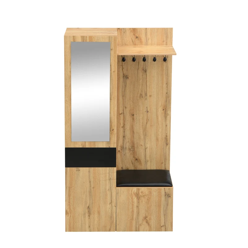 Vestiaire à l'entrée effet bois 3 portes 1 tiroir avec miroir, banc et meuble à chaussures, porte-manteau mural PEAKGLEN