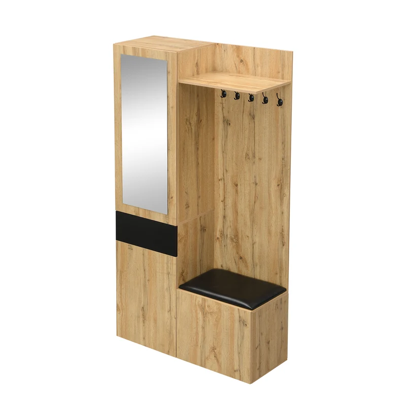 Vestiaire à l'entrée effet bois 3 portes 1 tiroir avec miroir, banc et meuble à chaussures, porte-manteau mural PEAKGLEN