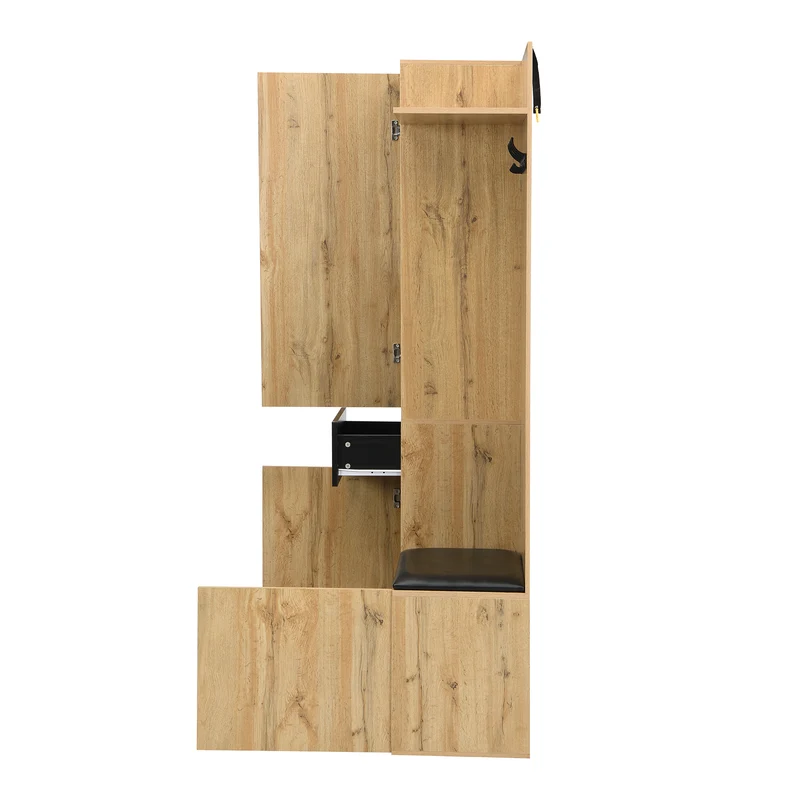 Vestiaire à l'entrée effet bois 3 portes 1 tiroir avec miroir, banc et meuble à chaussures, porte-manteau mural PEAKGLEN