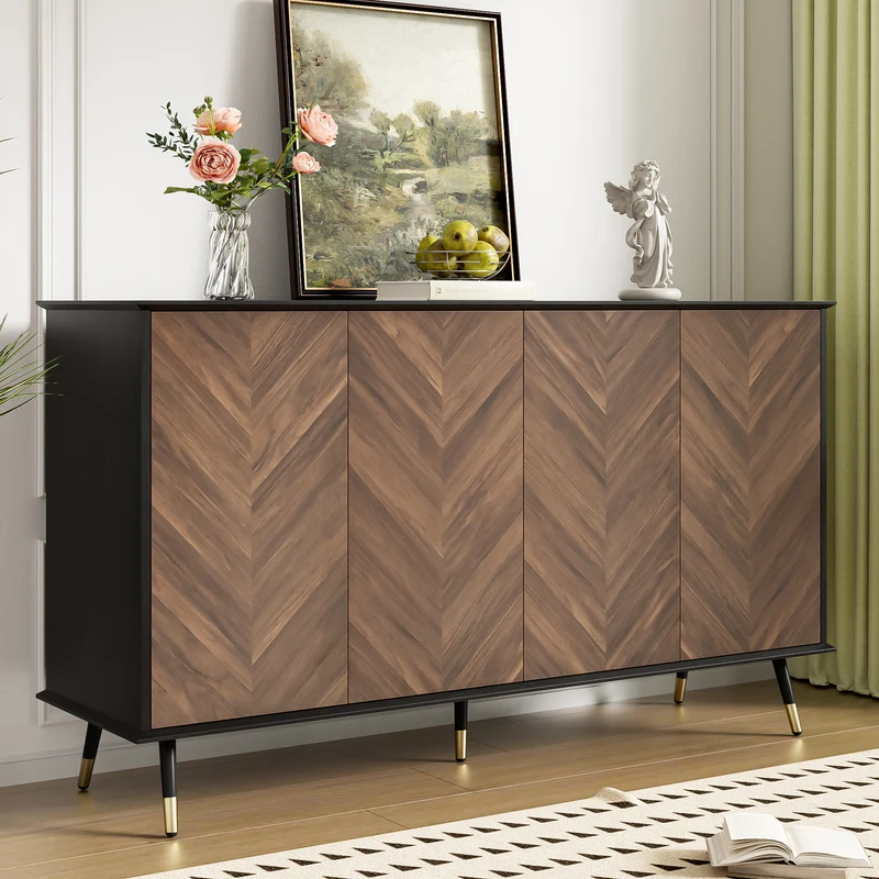Buffet vintage effet bois et noir motif chevrons 4 portes pieds dorés CEDARFIELD