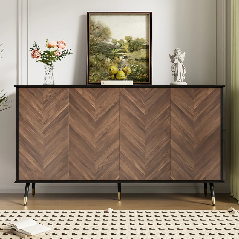 Buffet vintage effet bois et noir motif chevrons 4 portes pieds dorés CEDARFIELD