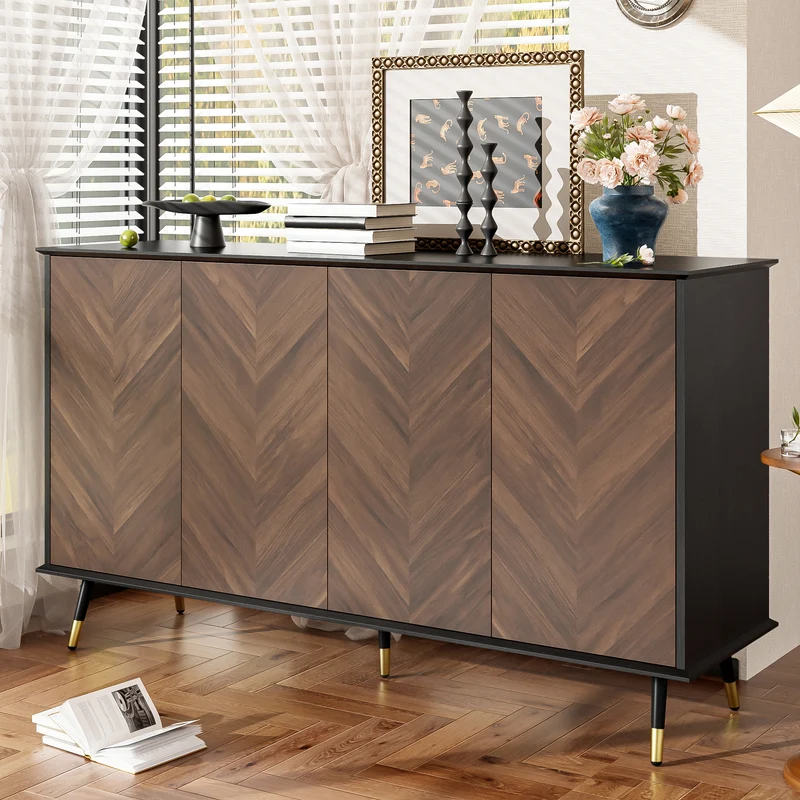 Buffet vintage effet bois et noir motif chevrons 4 portes pieds dorés CEDARFIELD