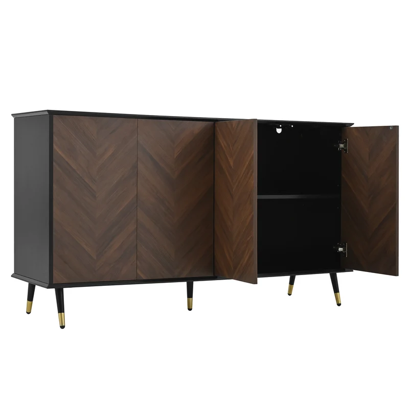 Buffet vintage effet bois et noir motif chevrons 4 portes pieds dorés CEDARFIELD