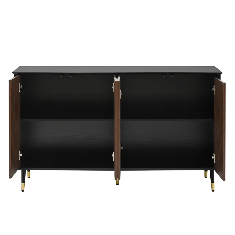 Buffet vintage effet bois et noir motif chevrons 4 portes pieds dorés CEDARFIELD