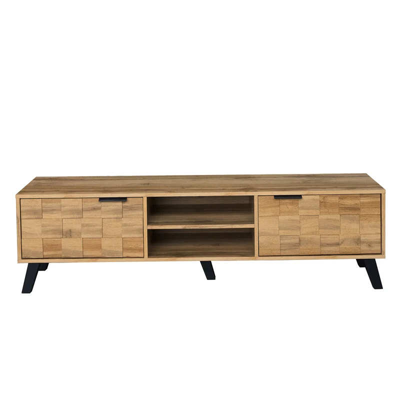 Meuble TV moderne effet bois avec 2 portes et 2 compartiments ouverts 160x35x45cm DHAASTI