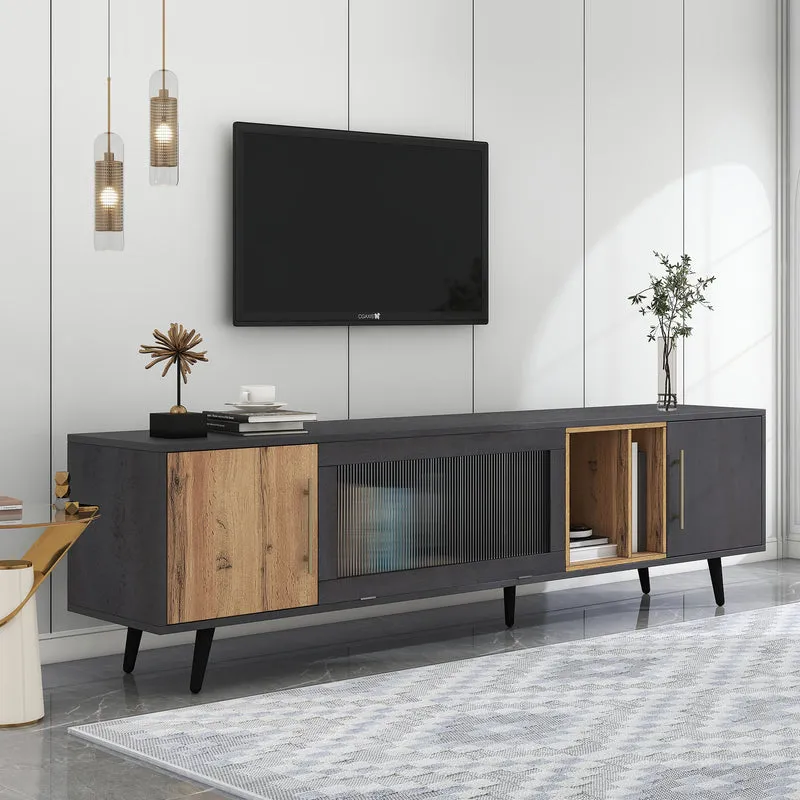 Meuble TV gris et verre ondulé avec 3 portes battants niche ouvert rangement 200 x 40 COVUNS