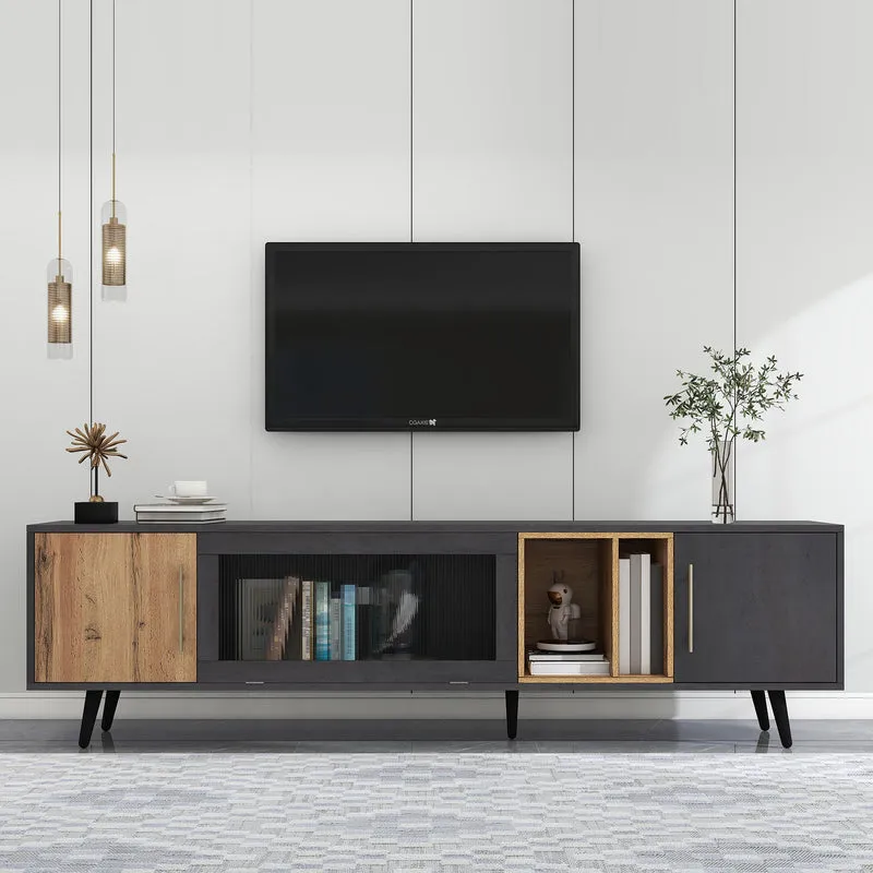 Meuble TV gris et verre ondulé avec 3 portes battants niche ouvert rangement 200 x 40 COVUNS