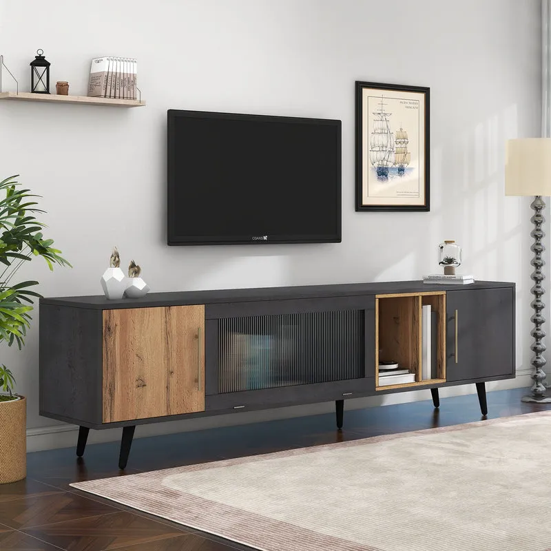 Meuble TV gris et verre ondulé avec 3 portes battants niche ouvert rangement 200 x 40 COVUNS