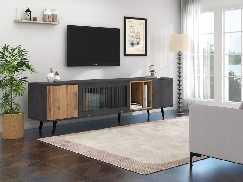 Meuble TV gris et verre ondulé avec 3 portes battants niche ouvert rangement 200 x 40 COVUNS