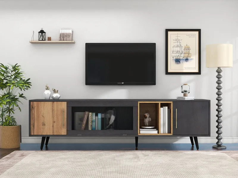 Meuble TV gris et verre ondulé avec 3 portes battants niche ouvert rangement 200 x 40 COVUNS