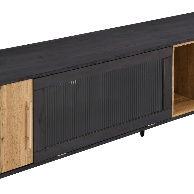 Meuble TV gris et verre ondulé avec 3 portes battants niche ouvert rangement 200 x 40 COVUNS