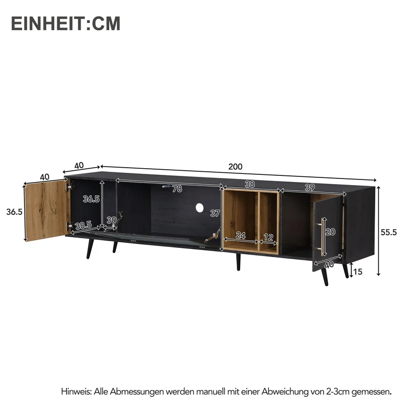 Meuble TV gris et verre ondulé avec 3 portes battants niche ouvert rangement 200 x 40 COVUNS