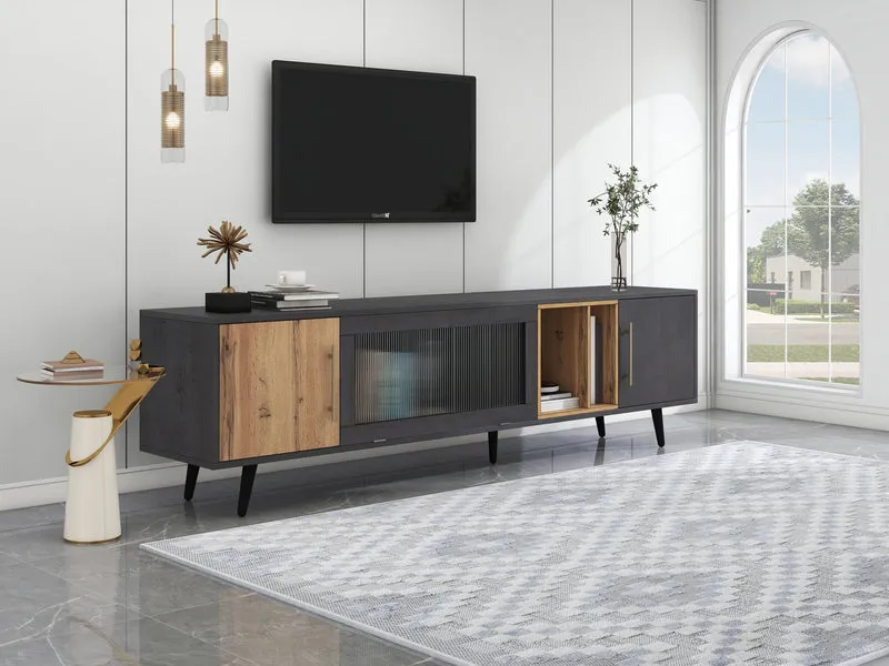 Meuble TV gris et verre ondulé avec 3 portes battants niche ouvert rangement 200 x 40 COVUNS