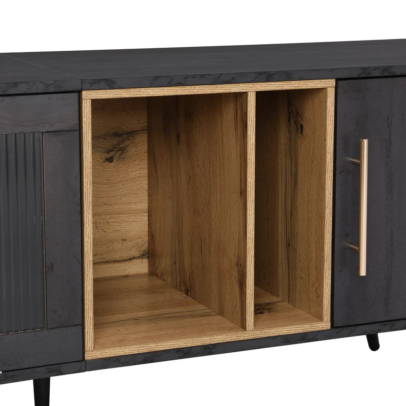 Meuble TV gris et verre ondulé avec 3 portes battants niche ouvert rangement 200 x 40 COVUNS