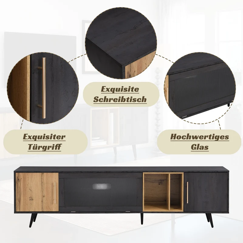 Meuble TV gris et verre ondulé avec 3 portes battants niche ouvert rangement 200 x 40 COVUNS