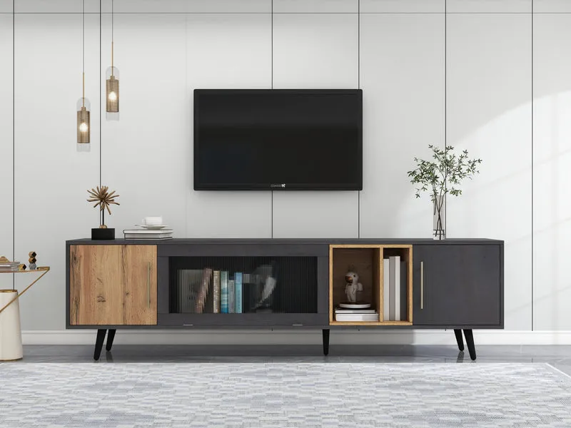 Meuble TV gris et verre ondulé avec 3 portes battants niche ouvert rangement 200 x 40 COVUNS