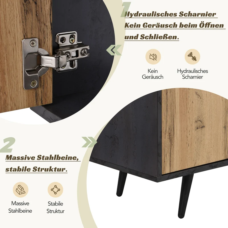 Meuble TV gris et verre ondulé avec 3 portes battants niche ouvert rangement 200 x 40 COVUNS