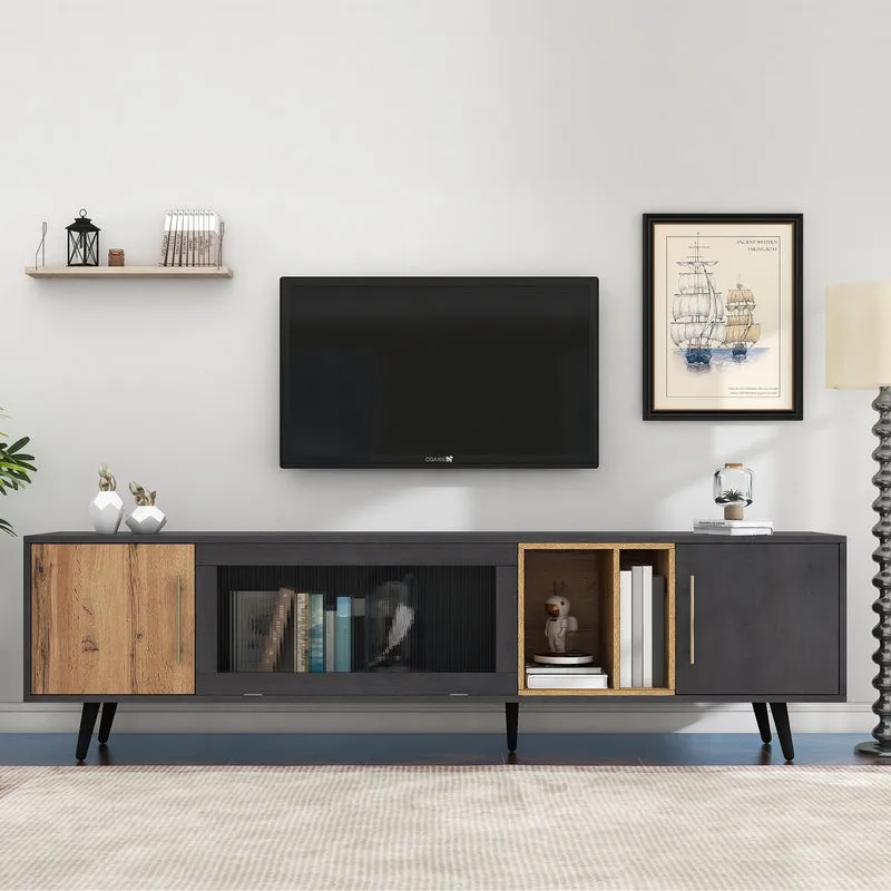 Meuble TV gris et verre ondulé avec 3 portes battants niche ouvert rangement 200 x 40 COVUNS