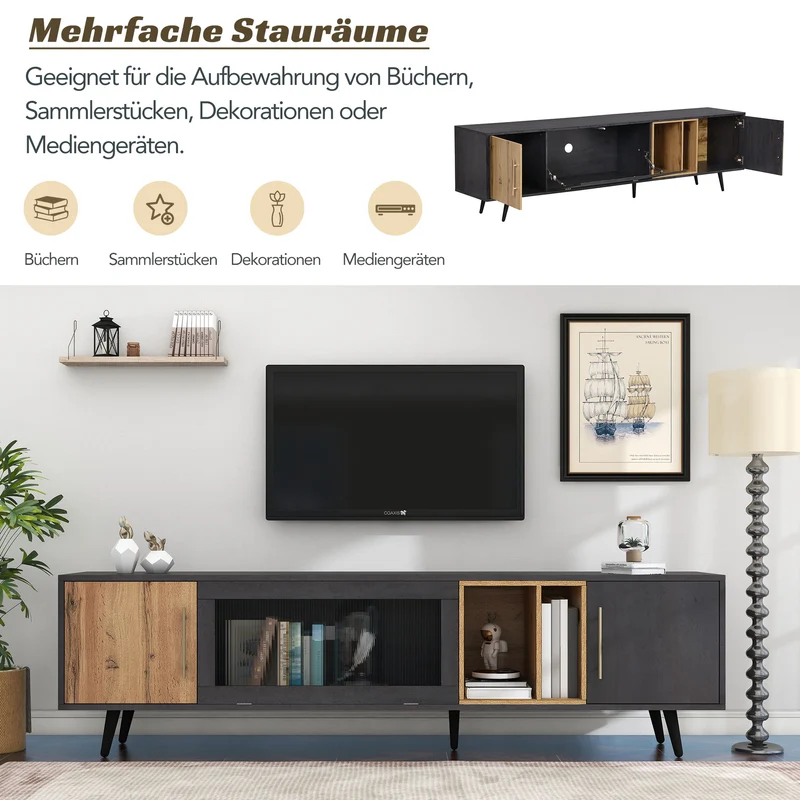 Meuble TV gris et verre ondulé avec 3 portes battants niche ouvert rangement 200 x 40 COVUNS