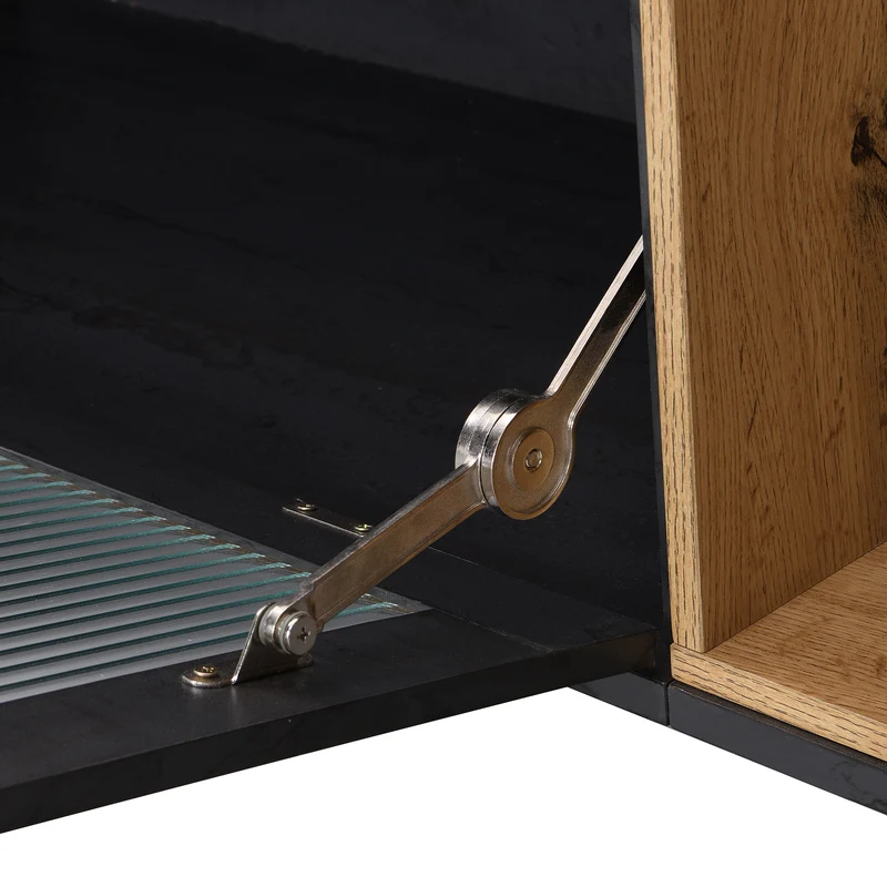 Meuble TV gris et verre ondulé avec 3 portes battants niche ouvert rangement 200 x 40 COVUNS