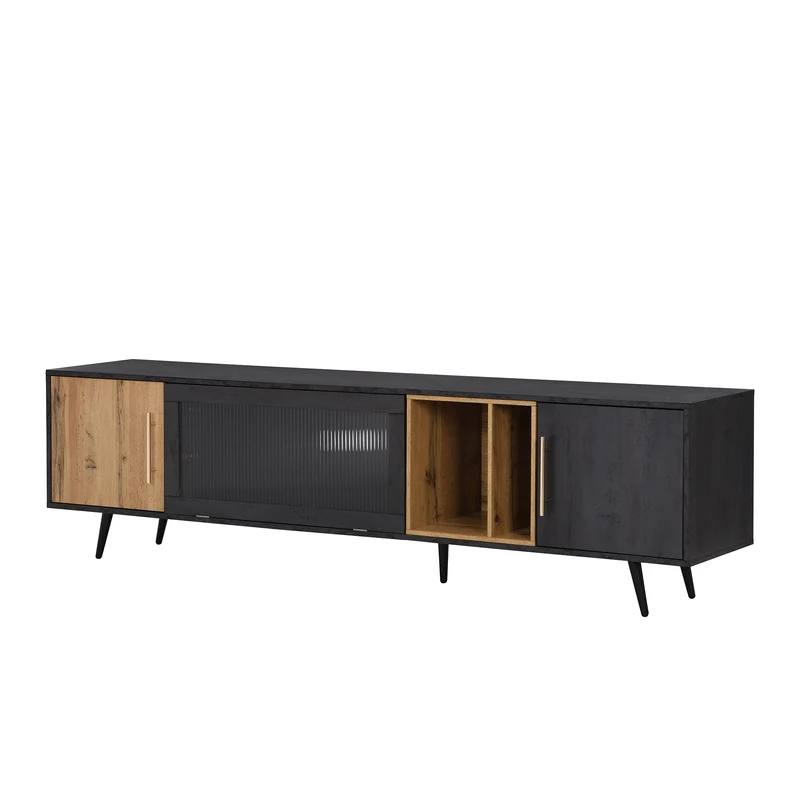 Meuble TV gris et verre ondulé avec 3 portes battants niche ouvert rangement 200 x 40 COVUNS