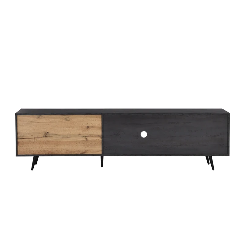 Meuble TV gris et verre ondulé avec 3 portes battants niche ouvert rangement 200 x 40 COVUNS