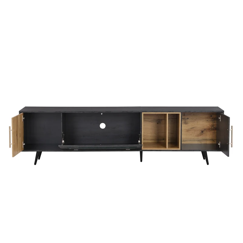 Meuble TV gris et verre ondulé avec 3 portes battants niche ouvert rangement 200 x 40 COVUNS