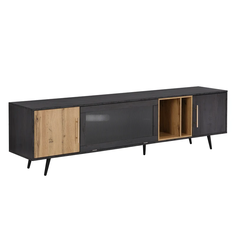 Meuble TV gris et verre ondulé avec 3 portes battants niche ouvert rangement 200 x 40 COVUNS
