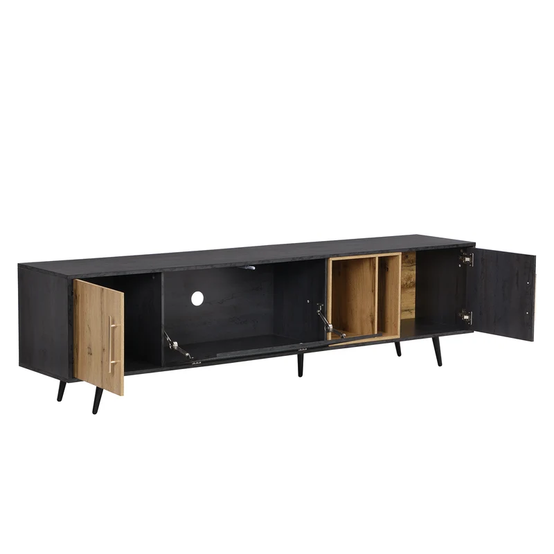 Meuble TV gris et verre ondulé avec 3 portes battants niche ouvert rangement 200 x 40 COVUNS