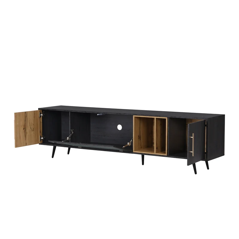 Meuble TV gris et verre ondulé avec 3 portes battants niche ouvert rangement 200 x 40 COVUNS
