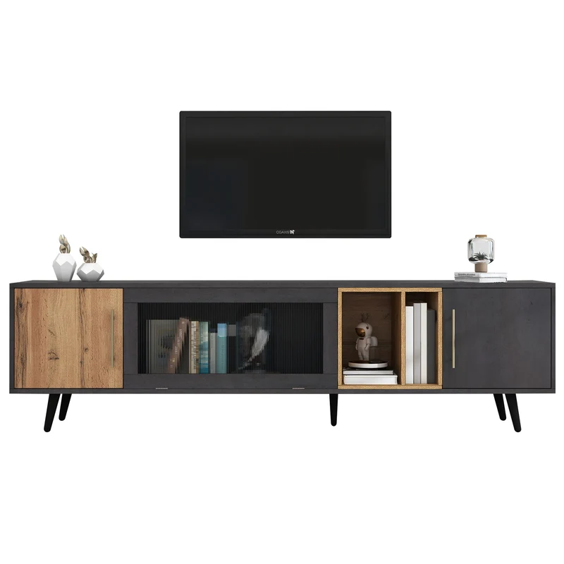 Meuble TV gris et verre ondulé avec 3 portes battants niche ouvert rangement 200 x 40 COVUNS