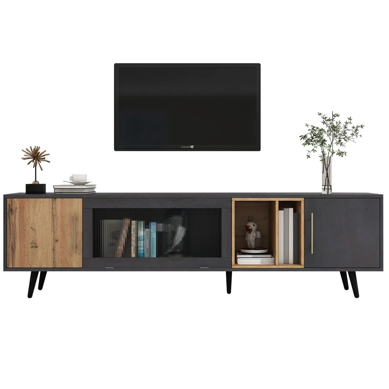 Meuble TV gris et verre ondulé avec 3 portes battants niche ouvert rangement 200 x 40 COVUNS